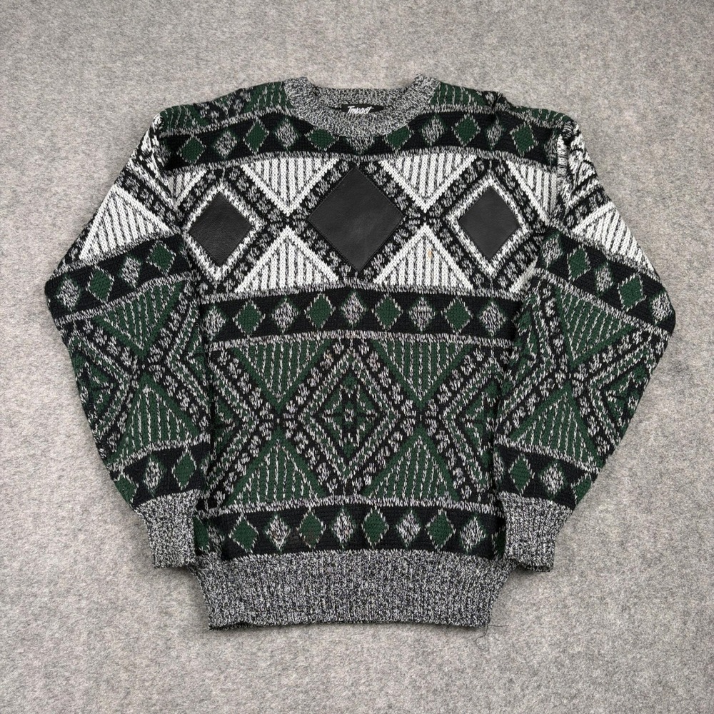 Impact Sweater Mens Medium Green Black Geometric Leather Trim Vintage‎ 90s Knit